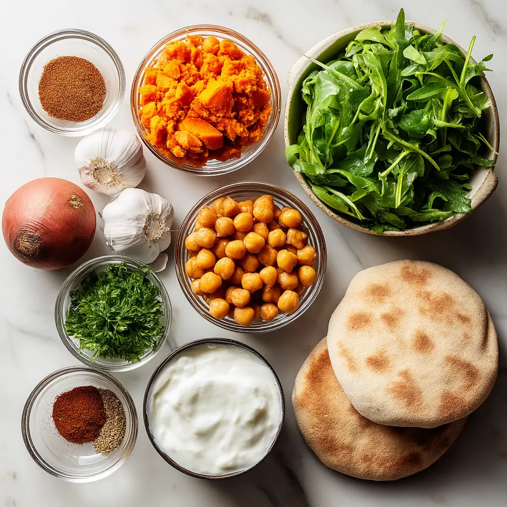 Ingredients for 30-Minute Falafel Sandwich With Sweet Potato arranged on marble