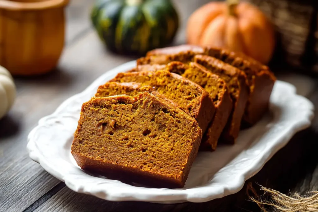 Slice of moist pumpkin bread with melting butter on a plate