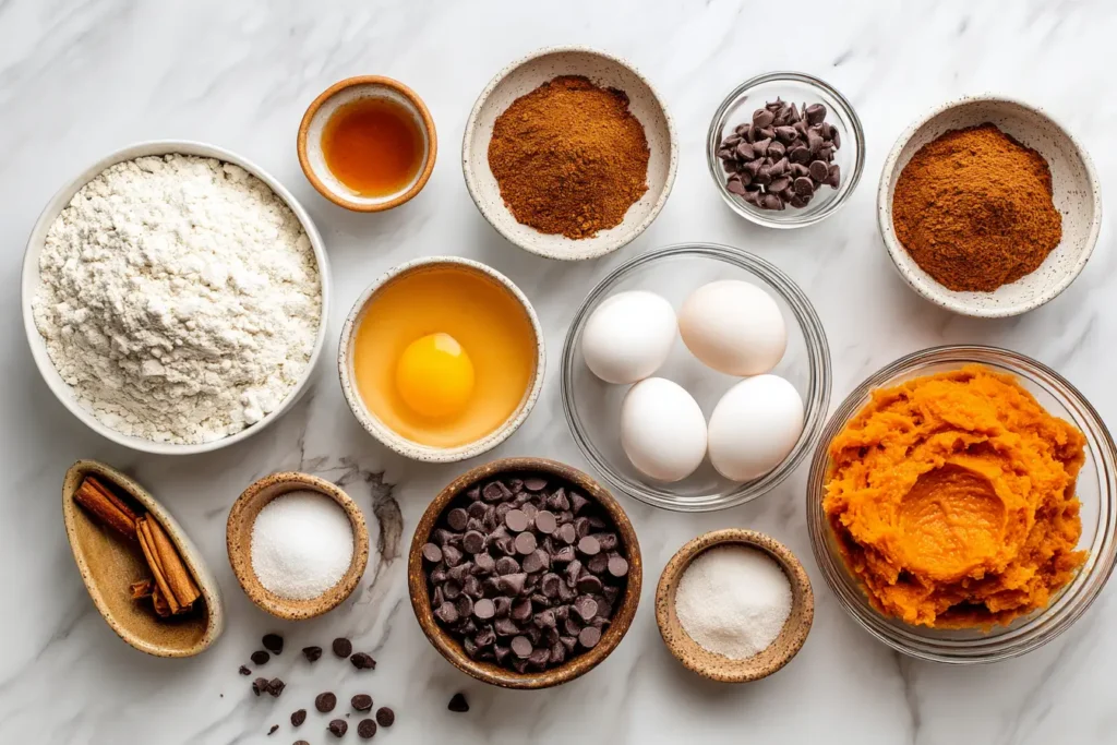 Pumpkin bread ingredients arranged in glass bowls on white marble