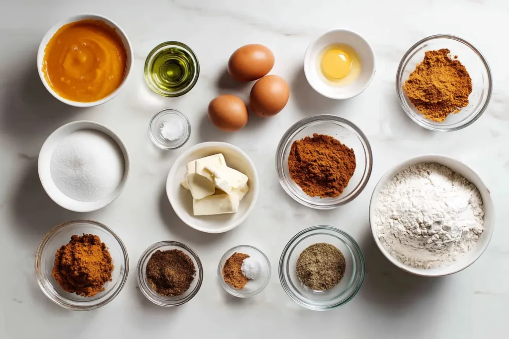 Flat lay of measured pumpkin bread ingredients in glass bowls on white marble.