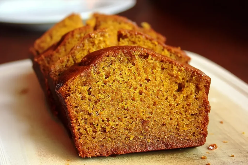 Slice of moist pumpkin bread on a plate with melting butter.