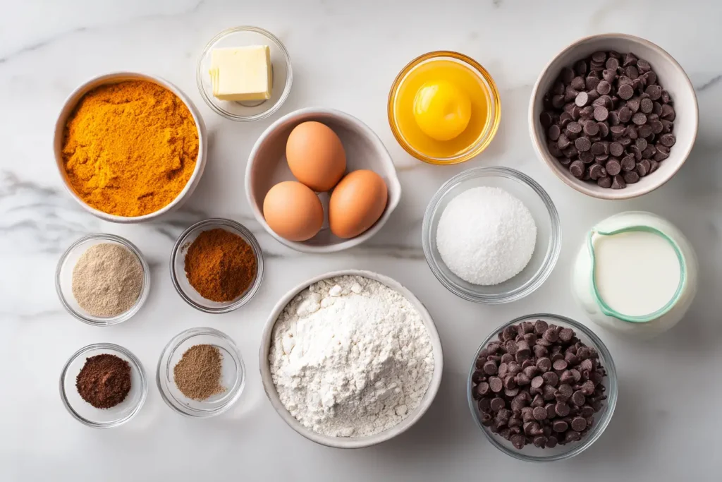 Flat lay of ingredients for pumpkin chocolate chip bread on white marble
