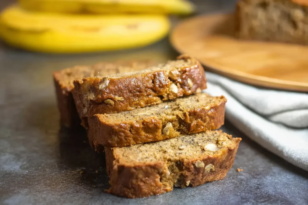 Slice of healthy banana bread on a small plate with crumbs