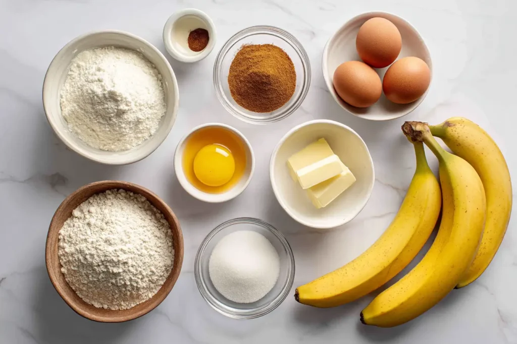 Flat lay of healthy banana bread ingredients on white marble