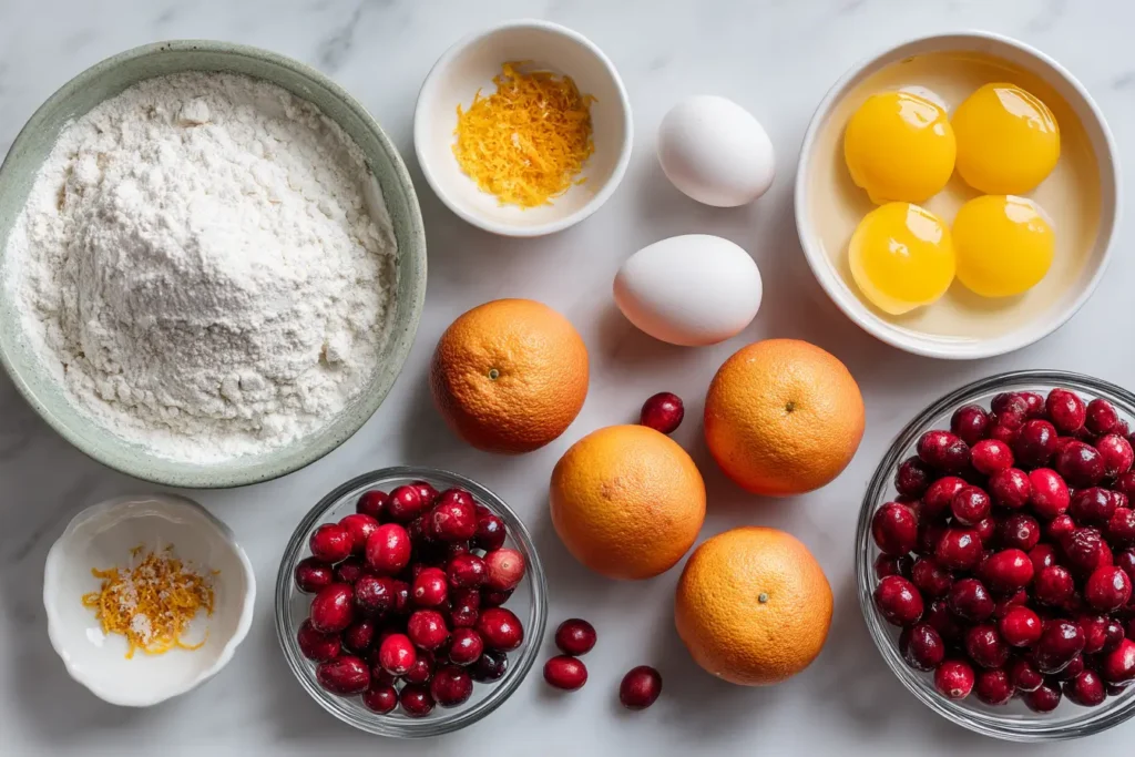 Cranberry Orange Bread ingredients arranged on white marble