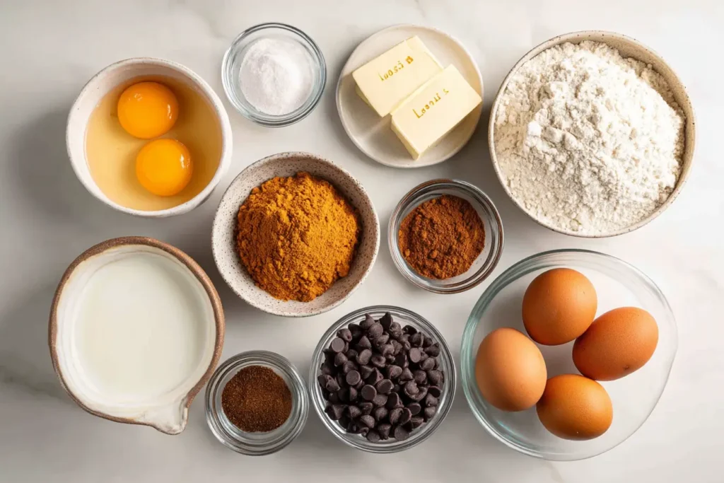 Flat lay of measured ingredients for Pumpkin Chocolate Chip Bread on white marble