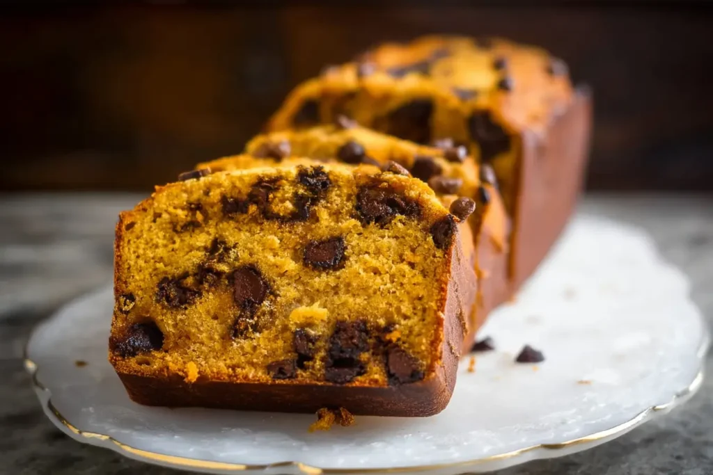 Slice of Pumpkin Chocolate Chip Bread with melty chips on a white plate