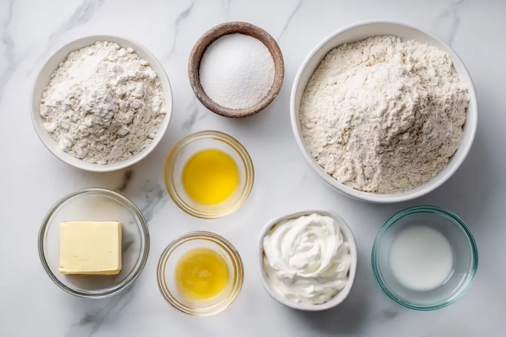 Whole wheat bread ingredients neatly arranged on white marble.