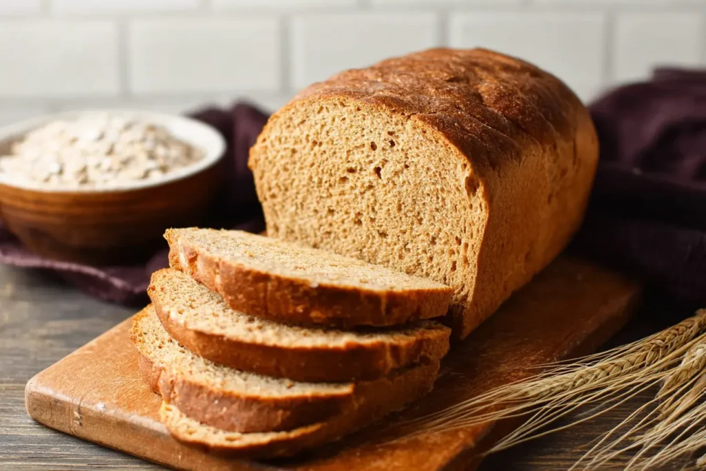 Slice of whole wheat bread with butter and honey on a plate.