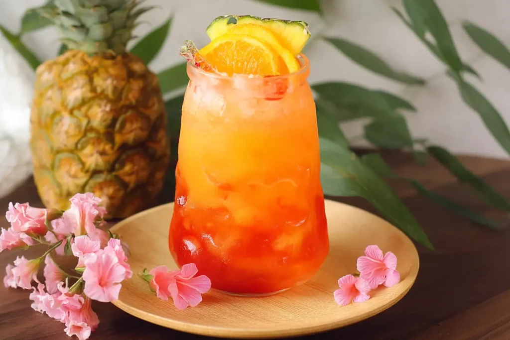 Close-up of a served tropical mocktail with citrus and pineapple garnish.