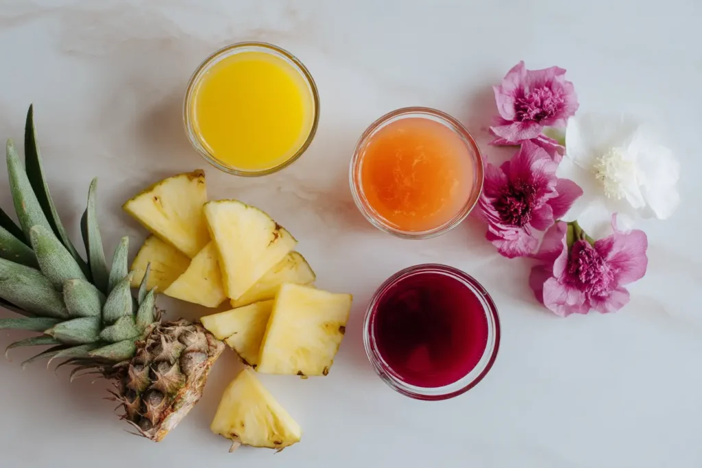 Ingredients for a tropical mocktail neatly arranged on white marble.