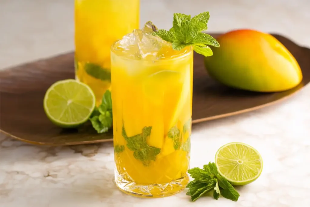Served glass of Mango Mojito Mocktail with lime wheel and mint