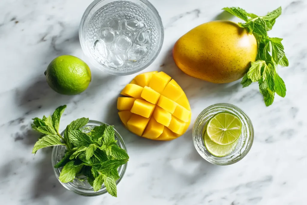 Flat lay of mango, lime, mint, soda water, and ice for mocktail