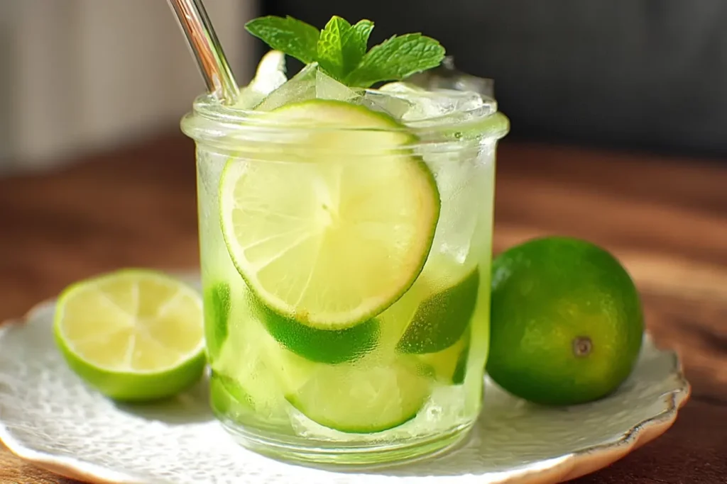 Served glass of Ginger Mojito Mocktail with mint sprig and lime wheel