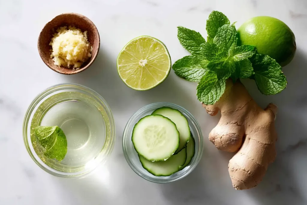Flat lay of ginger, mint, lime, cucumber, soda water and ginger ale