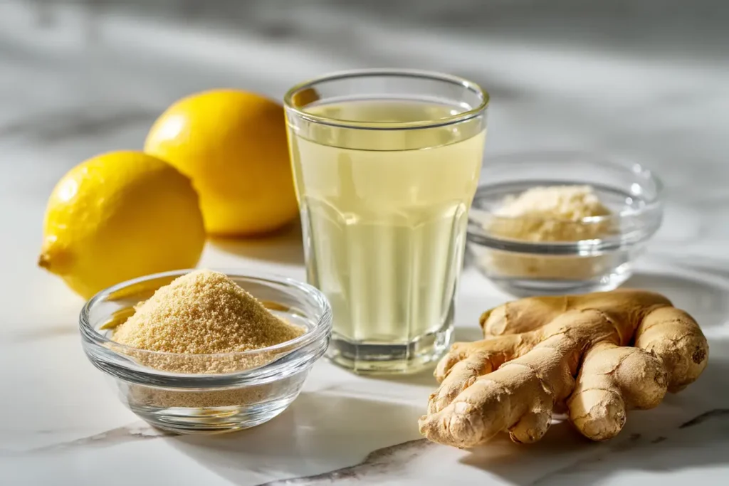Flat lay of ginger, lemons, monk fruit sweetener, water, ice and tools
