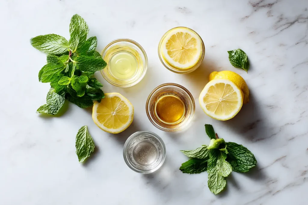 Flat lay of lemon, mint, coconut water, soda, honey, and ice