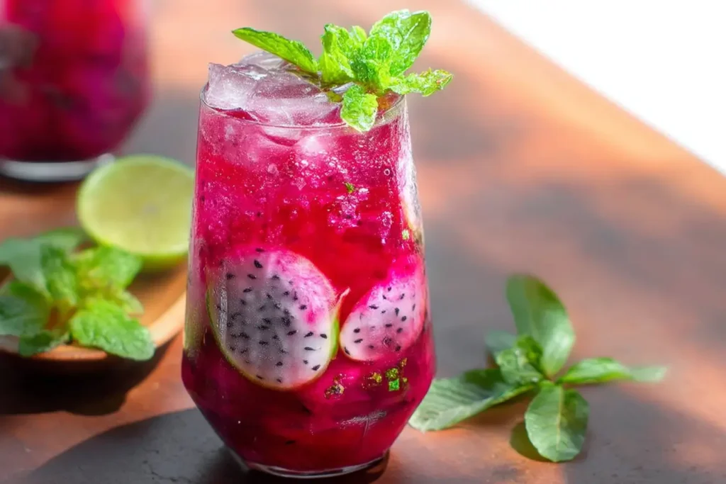 Served dragonfruit mojito mocktail with mint and lime in a chilled glass.