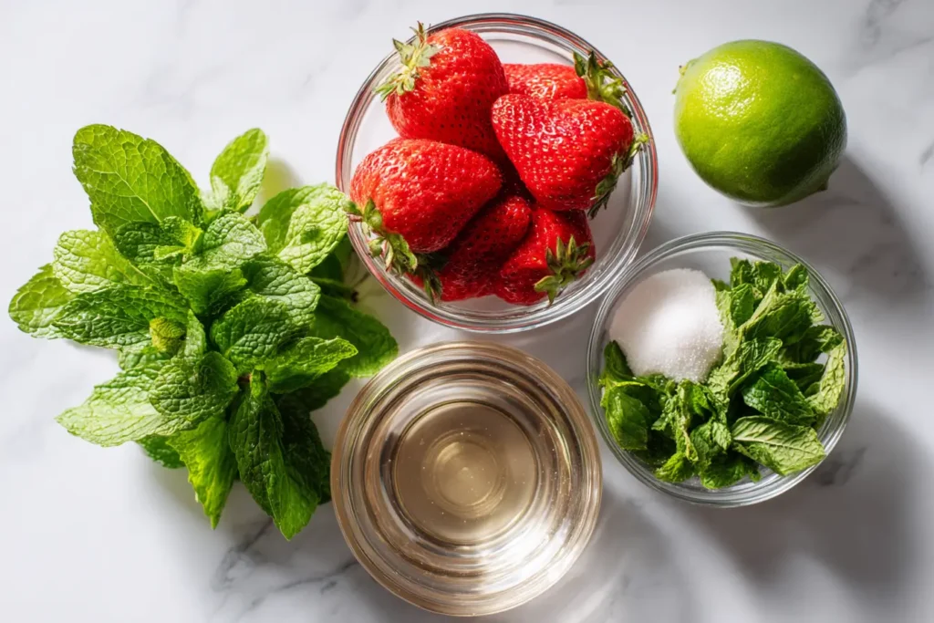 Flat lay of strawberries, mint, lime, sugar and soda for mocktail