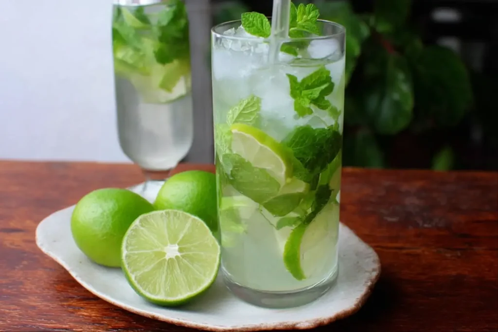 Homemade Easy Virgin Mojito Mocktail with mint sprig and lime slice