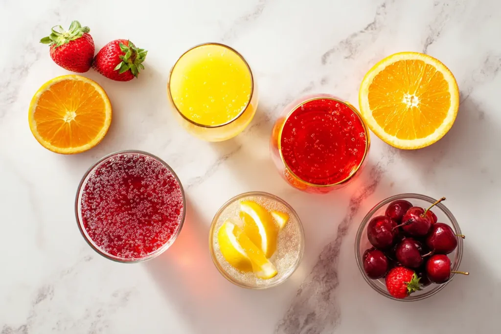 Sunrise Mocktail ingredients flat lay on white marble