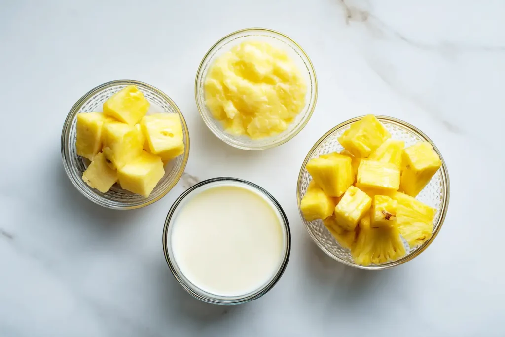 Pineapple Colada Mocktail ingredients arranged on white marble
