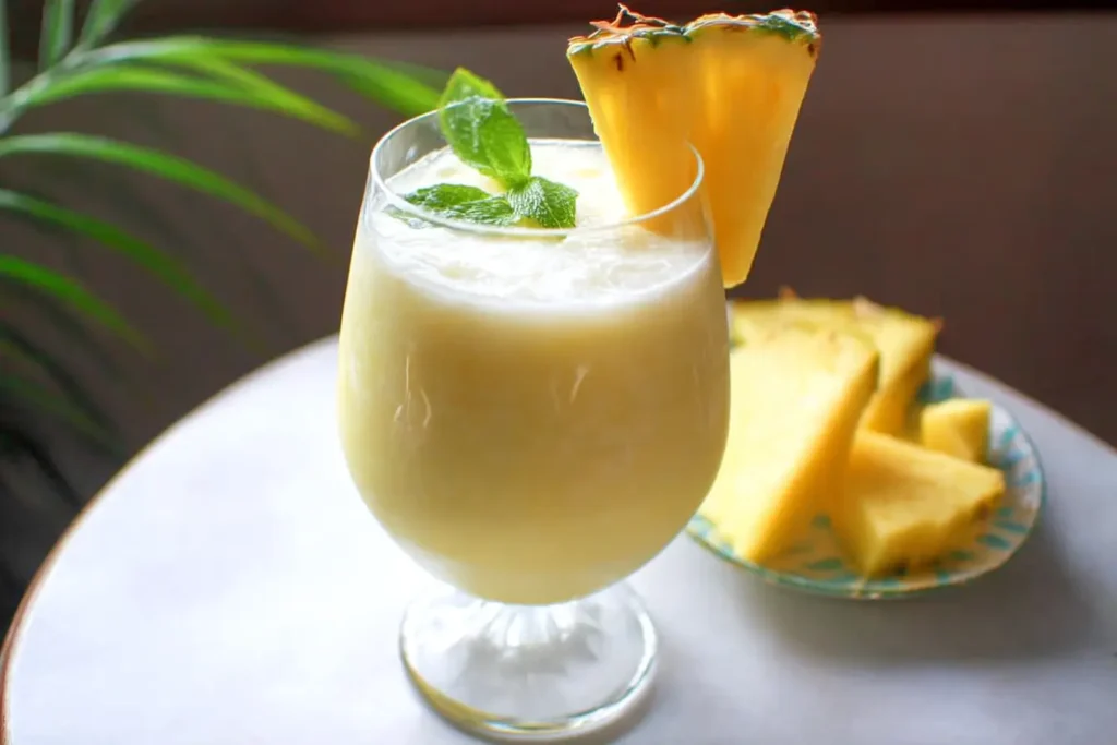 Pouring blended Pineapple Colada Mocktail from blender into a glass