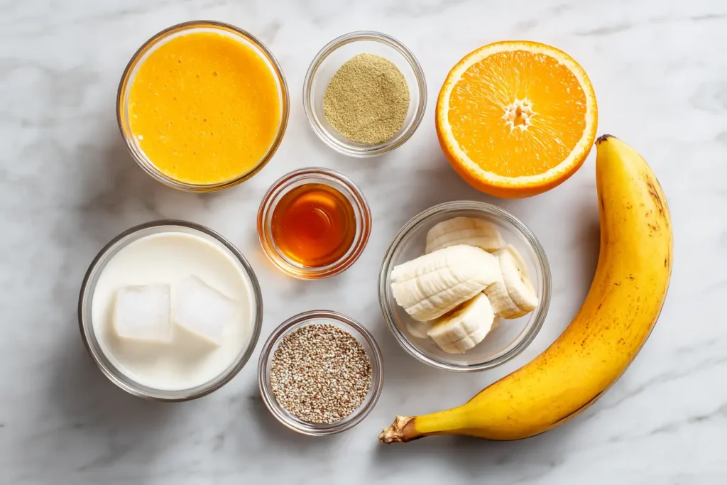 Flat-lay of Orange Julius Smoothie ingredients on white marble.