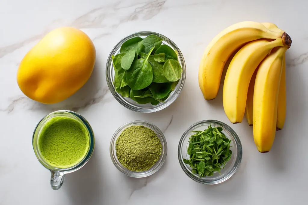 Flat-lay of matcha smoothie ingredients on white marble.
