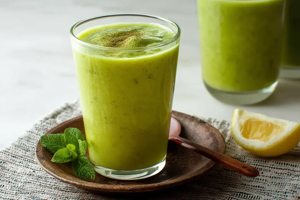 Pouring a creamy green tea smoothie into a chilled glass.