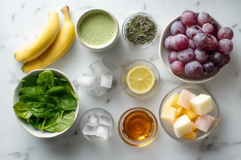 Top-down flat lay of green tea smoothie ingredients on white marble.