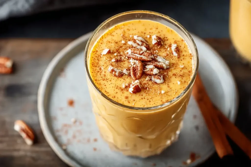 Pouring a creamy pumpkin pie smoothie into a chilled glass.