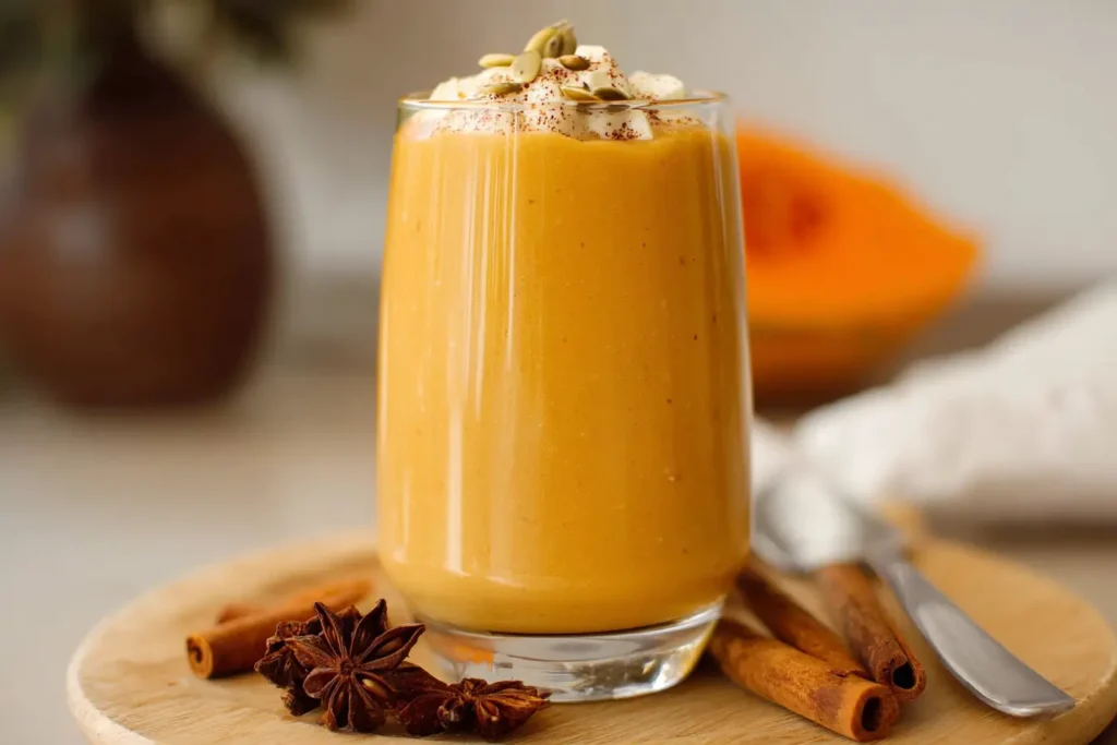 Pouring a creamy healthy pumpkin smoothie into a chilled glass.