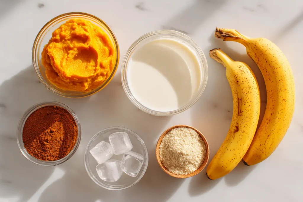 Flat lay of pumpkin smoothie ingredients on white marble.