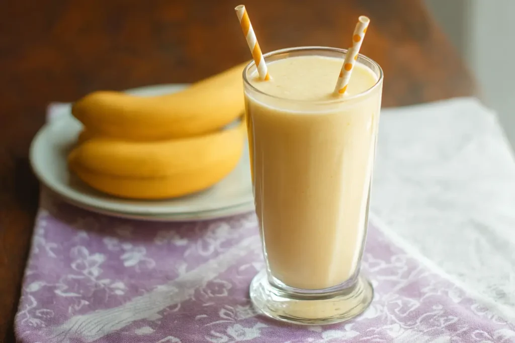 Pouring a creamy banana smoothie into a chilled glass.