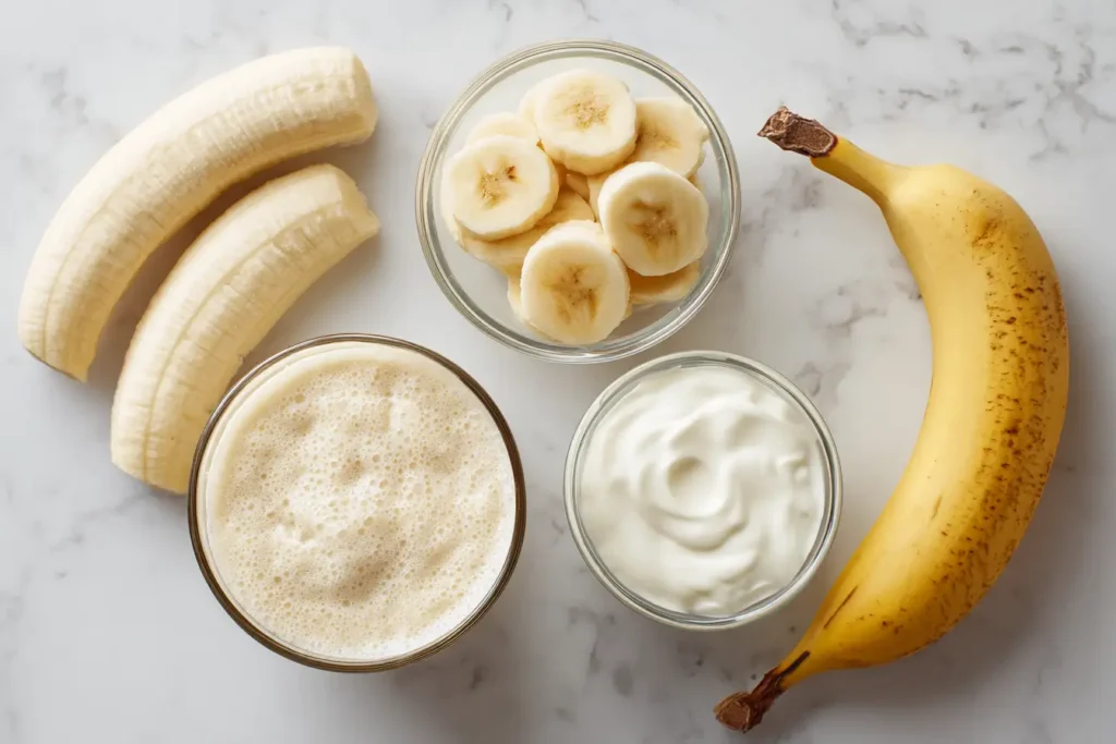 Flat-lay of banana smoothie ingredients on white marble