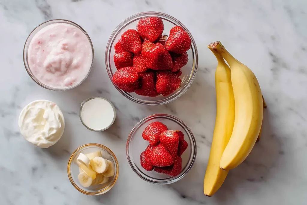 Flat lay of ingredients for a strawberry banana smoothie on white marble.