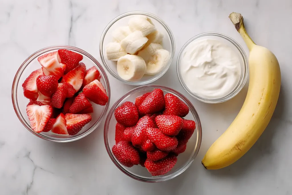 Flat lay of strawberries, frozen banana, yogurt, milk, and honey for a smoothie.