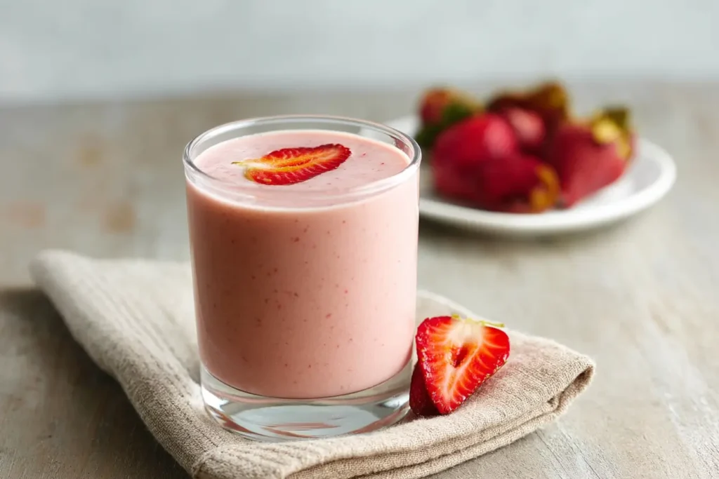 Vintage-style photo of a served strawberry banana smoothie.