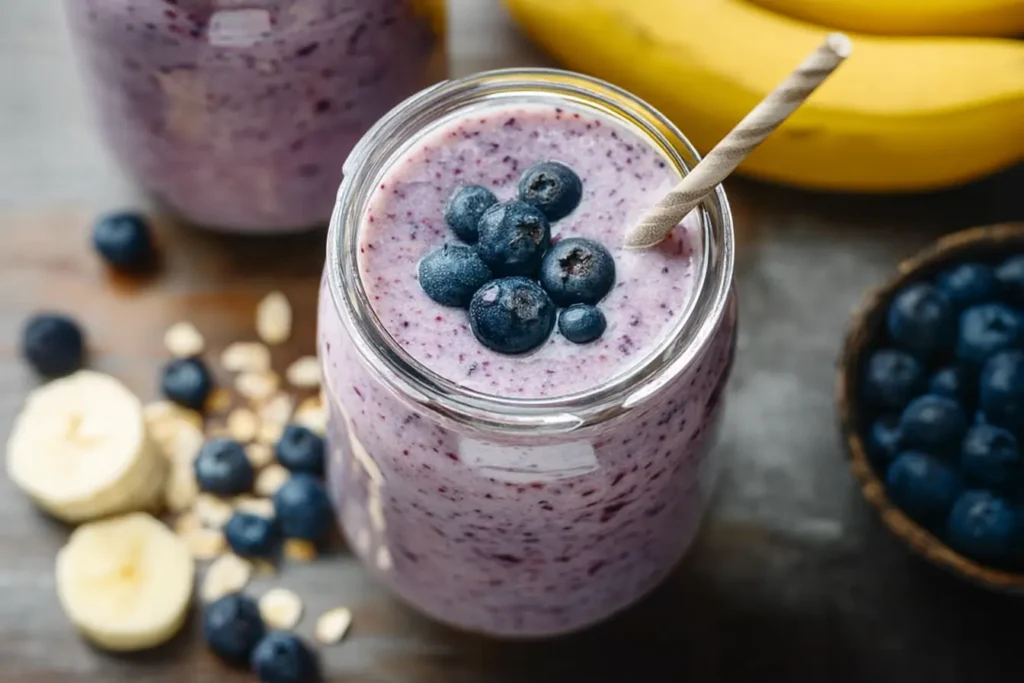 Vintage-style photo of a served blueberry banana smoothie.