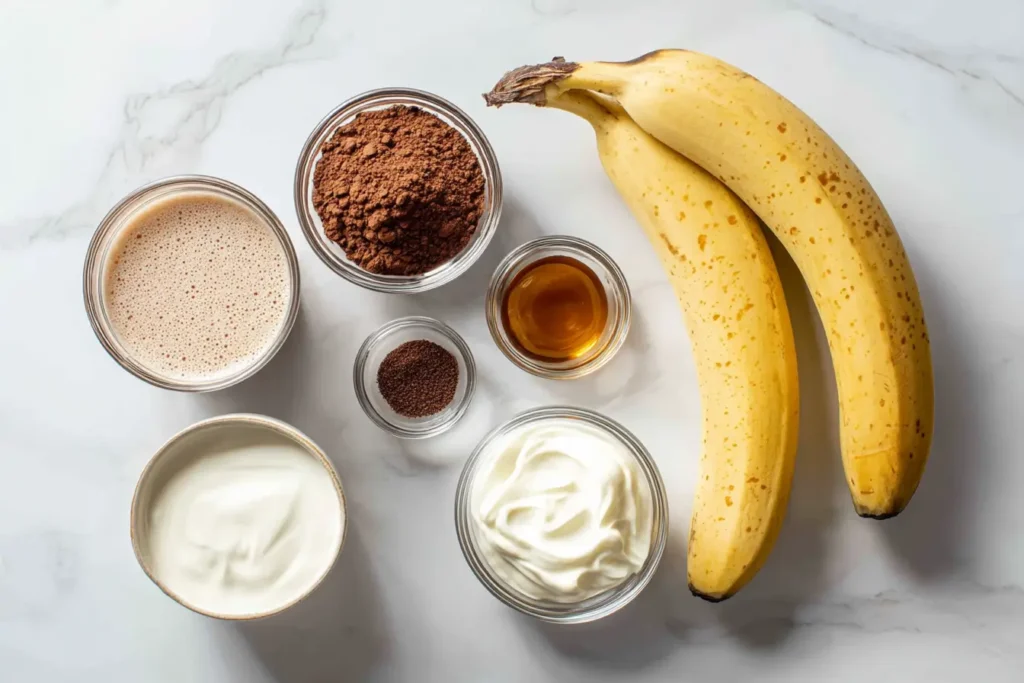 Flat lay of frozen banana, cocoa, almond milk, yogurt, almond butter, vanilla, and maple syrup.