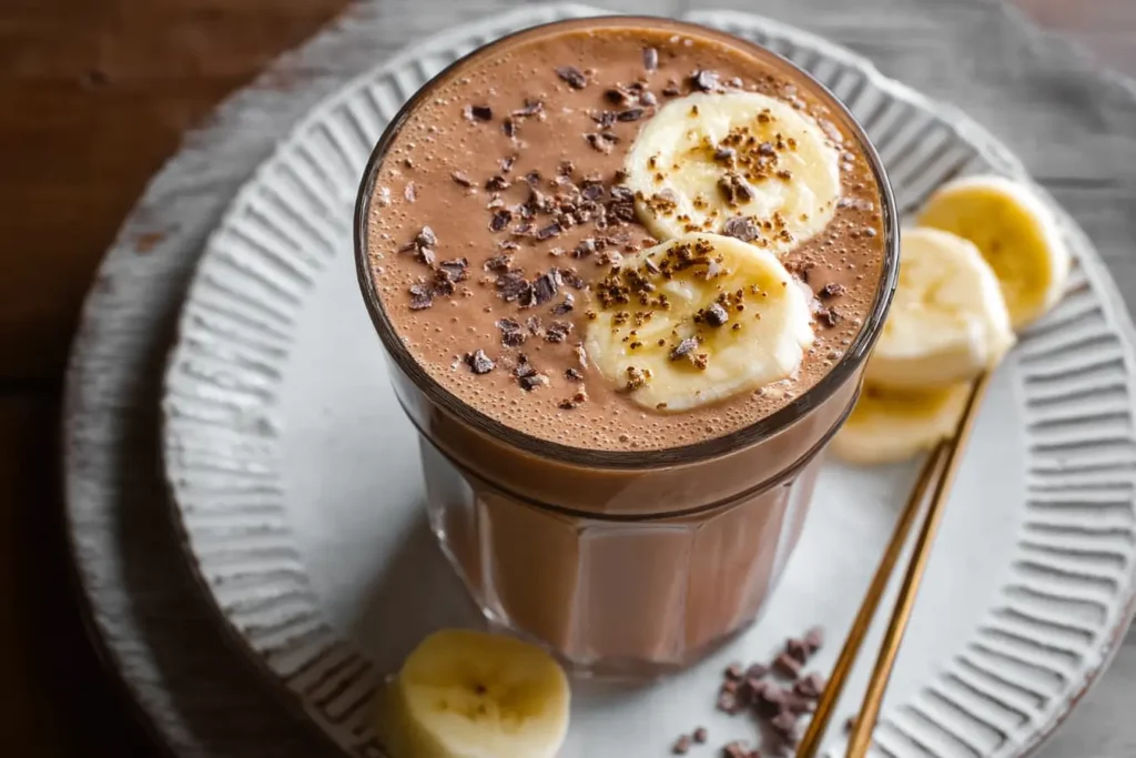 Vintage-style photo of a served chocolate banana smoothie.