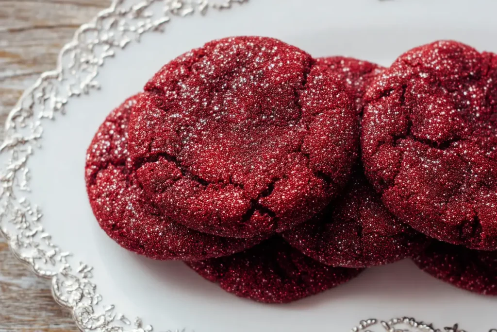 Red velvet cookies served with milk and strawberries