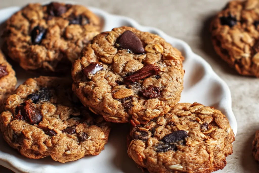 Gluten-free oat cookies served with tea and fruit salad