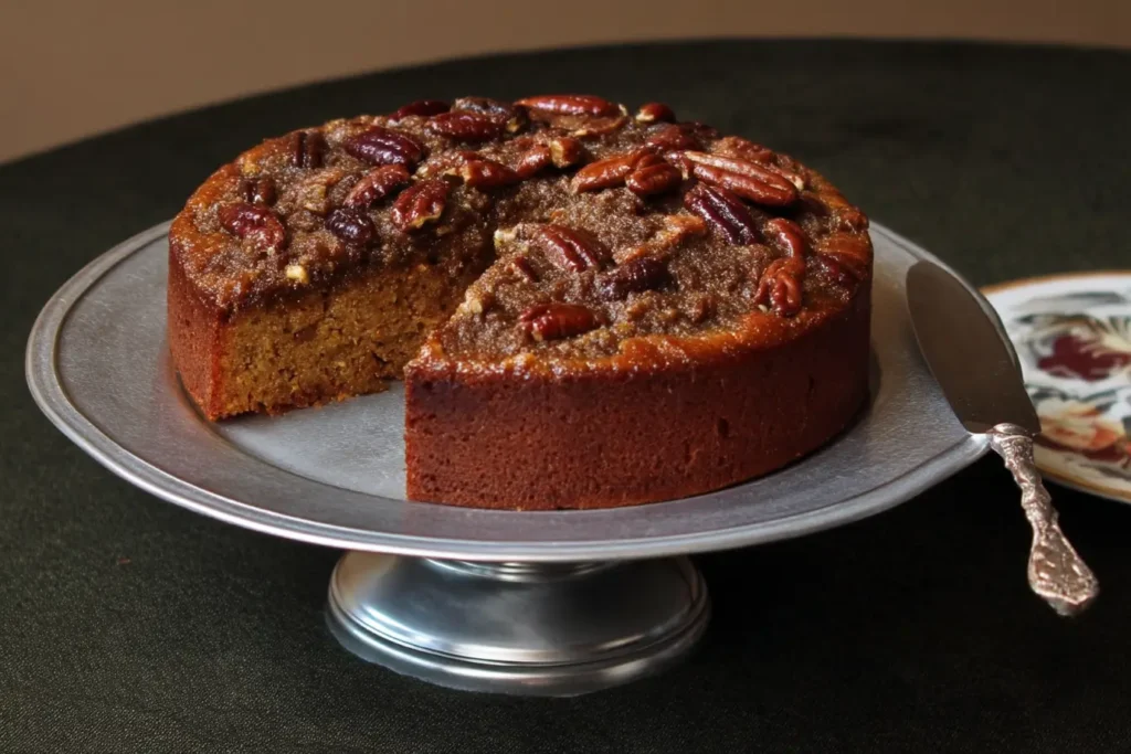 Slice of pecan cake served with whipped cream and coffee
