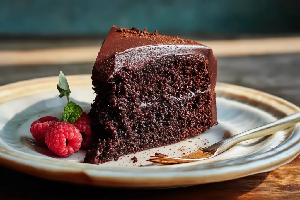 Slice of gluten-free chocolate cake with whipped cream and raspberries