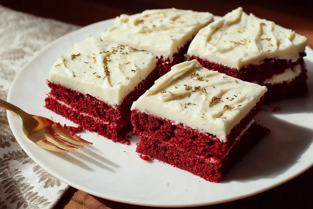 Slice of red velvet cake with cream cheese frosting and coffee