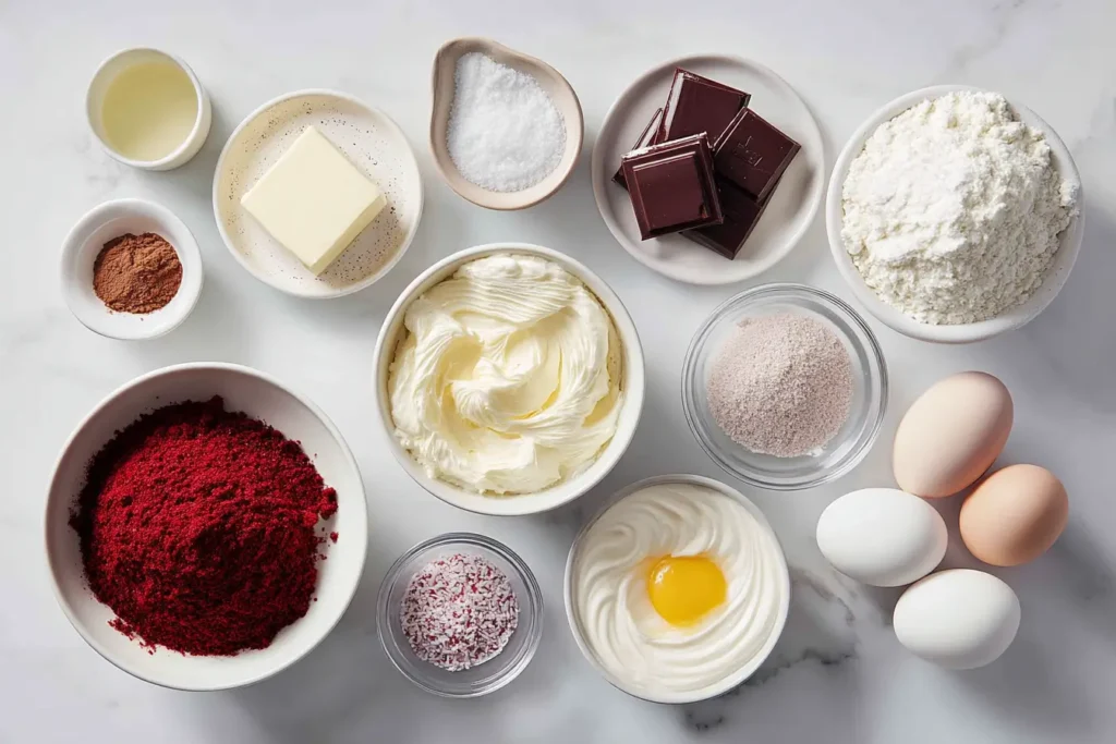 Pouring red velvet cake batter into a baking pan