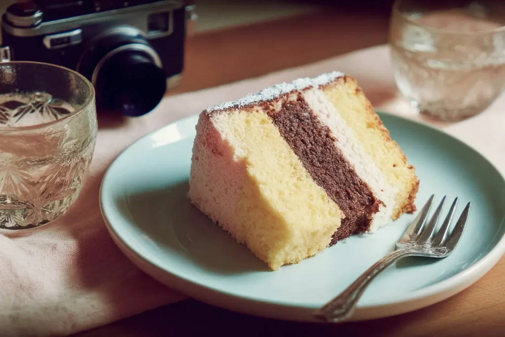 Slice of Neapolitan cake with ice cream and strawberries