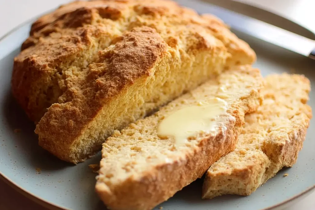 Slices of Irish soda bread with butter and soup